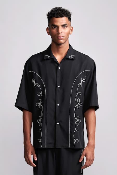 Shop Dash And Dot Black Tencel Embroidery Saloon Shirt And Pant Co-ord Set at Aza Fashions Shop_Dash And Dot_Black Tencel Embroidery Saloon Shirt And Pant Co-ord Set _at_Aza_Fashions