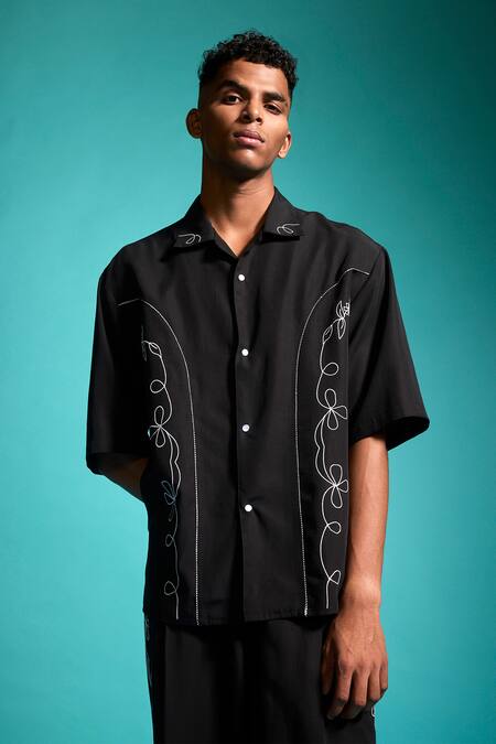 Shop Dash And Dot Black Tencel Embroidery Saloon Shirt And Pant Co-ord Set Online at Aza Fashions Shop_Dash And Dot_Black Tencel Embroidery Saloon Shirt And Pant Co-ord Set _Online_at_Aza_Fashions