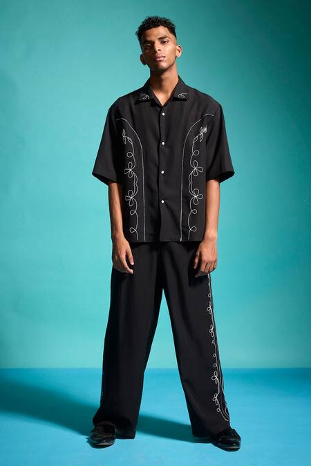 Dash And Dot_Black Tencel Embroidery Saloon Pant _Online_at_Aza_Fashions