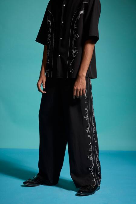 Shop_Dash And Dot_Black Tencel Embroidery Saloon Pant _Online_at_Aza_Fashions