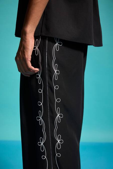 Dash And Dot_Black Tencel Embroidery Saloon Pant _at_Aza_Fashions