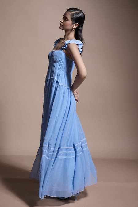 Dash And Dot_Blue Viscose Embroidery Square Neck Poet Ruched Bodice Maxi Dress_Online_at_Aza_Fashions