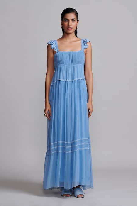 Dash And Dot_Blue Viscose Embroidery Square Neck Poet Ruched Bodice Maxi Dress_at_Aza_Fashions