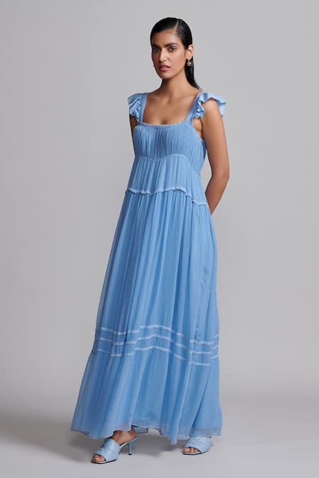 Buy_Dash And Dot_Blue Viscose Embroidery Square Neck Poet Ruched Bodice Maxi Dress