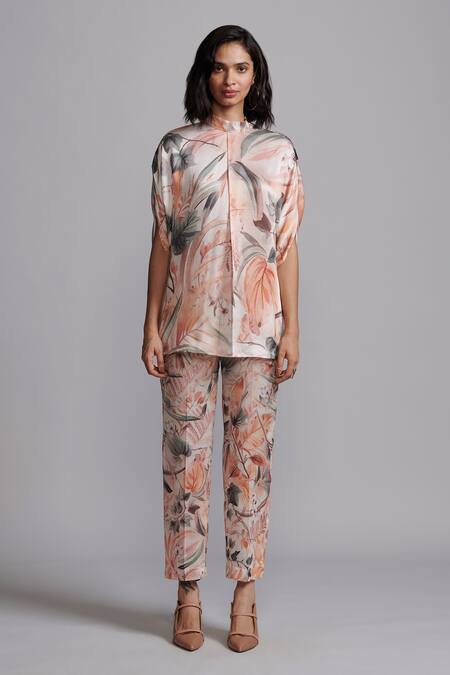 Dash And Dot_Multi Color Viscose Bandeau Neck Earthen Leaf Print Top With Pant _Online_at_Aza_Fashions