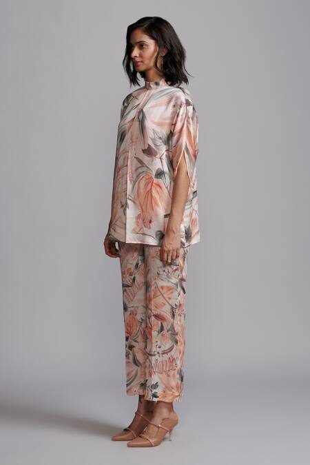 Dash And Dot_Multi Color Viscose Bandeau Neck Earthen Leaf Print Top With Pant _at_Aza_Fashions