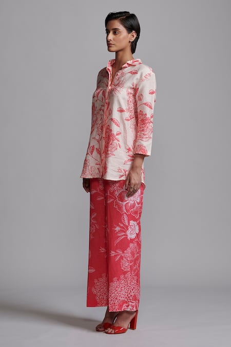 Dash And Dot Peach Viscose Embroidery Collared Floral Print Shirt With Pant Online at Aza Fashions Dash And Dot_Peach Viscose Embroidery Collared Floral Print Shirt With Pant _Online_at_Aza_Fashions