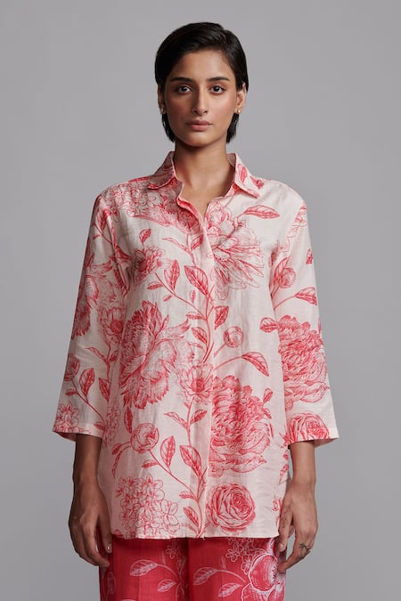 Shop Dash And Dot Peach Viscose Embroidery Collared Floral Print Shirt With Pant Online at Aza Fashions Shop_Dash And Dot_Peach Viscose Embroidery Collared Floral Print Shirt With Pant _Online_at_Aza_Fashions