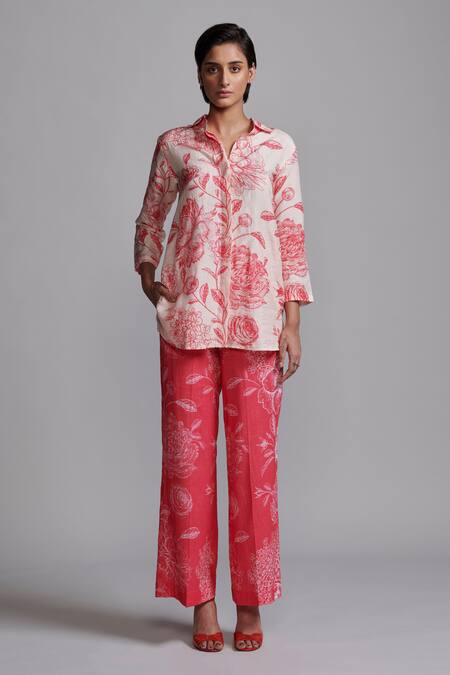 Dash And Dot Peach Viscose Embroidery Collared Floral Print Shirt With Pant at Aza Fashions Dash And Dot_Peach Viscose Embroidery Collared Floral Print Shirt With Pant _at_Aza_Fashions