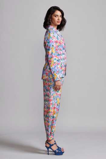 Dash And Dot_Multi Color Viscose, Linen Shawl Hand Painted Floral Print Blazer And Pant Set _Online_at_Aza_Fashions