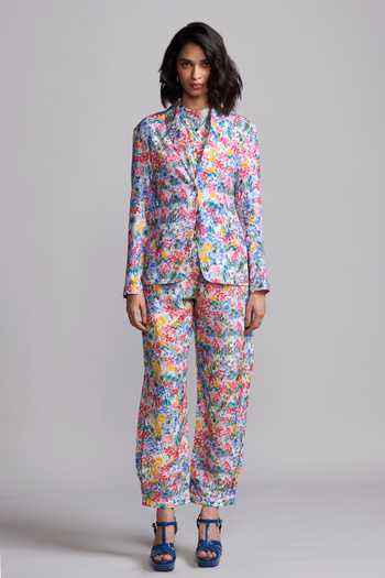 Buy_Dash And Dot_Multi Color Viscose, Linen Shawl Hand Painted Floral Print Blazer And Pant Set _Online_at_Aza_Fashions