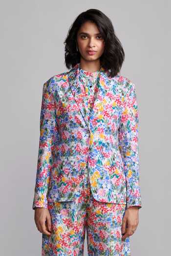 Shop_Dash And Dot_Multi Color Viscose, Linen Shawl Hand Painted Floral Print Blazer And Pant Set _Online_at_Aza_Fashions