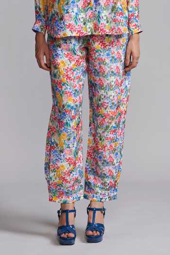 Dash And Dot_Multi Color Viscose, Linen Shawl Hand Painted Floral Print Blazer And Pant Set _at_Aza_Fashions