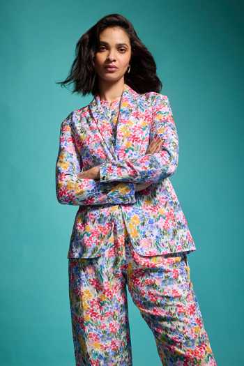 Buy_Dash And Dot_Multi Color Viscose, Linen Shawl Hand Painted Floral Print Blazer And Pant Set 