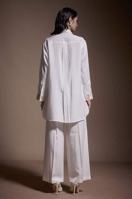 Shop Dash And Dot Ivory Tencel Embroidery Collared Gara Shirt With Pant at Aza Fashions Shop_Dash And Dot_Ivory Tencel Embroidery Collared Gara Shirt With Pant _at_Aza_Fashions