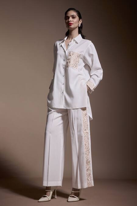 Dash And Dot Ivory Tencel Embroidery Collared Gara Shirt With Pant Online at Aza Fashions Dash And Dot_Ivory Tencel Embroidery Collared Gara Shirt With Pant _Online_at_Aza_Fashions