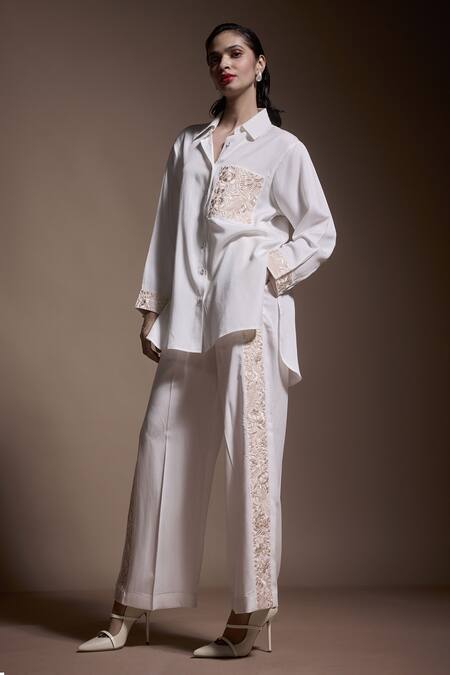 Buy Dash And Dot Ivory Tencel Embroidery Collared Gara Shirt With Pant Online at Aza Fashions Buy_Dash And Dot_Ivory Tencel Embroidery Collared Gara Shirt With Pant _Online_at_Aza_Fashions