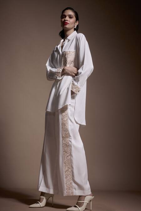 Shop Dash And Dot Ivory Tencel Embroidery Collared Gara Shirt With Pant Online at Aza Fashions Shop_Dash And Dot_Ivory Tencel Embroidery Collared Gara Shirt With Pant _Online_at_Aza_Fashions
