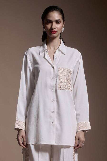 Buy Dash And Dot Ivory Tencel Embroidery Collared Gara Shirt With Pant Buy_Dash And Dot_Ivory Tencel Embroidery Collared Gara Shirt With Pant
