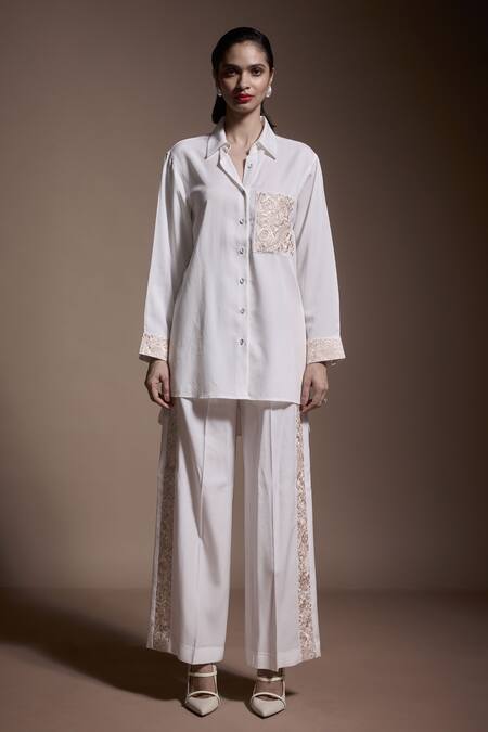 Shop Dash And Dot Ivory Tencel Embroidery Collared Gara Shirt With Pant Shop_Dash And Dot_Ivory Tencel Embroidery Collared Gara Shirt With Pant