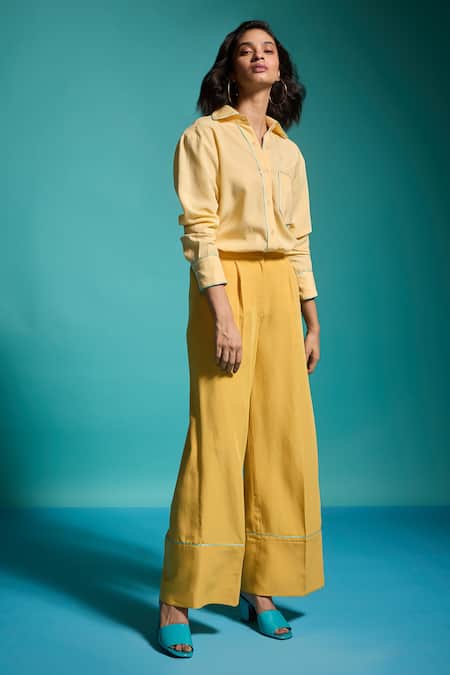 Dash And Dot Contrast Piping Shirt With Pant 