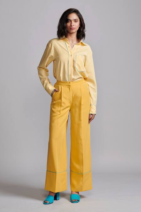 Dash And Dot_Yellow Tencel Collared Contrast Piping Shirt With Pant _Online_at_Aza_Fashions