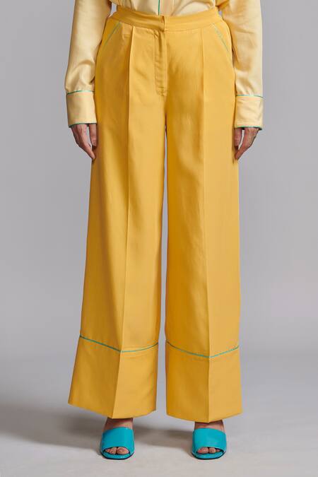 Buy_Dash And Dot_Yellow Tencel Collared Contrast Piping Shirt With Pant _Online_at_Aza_Fashions