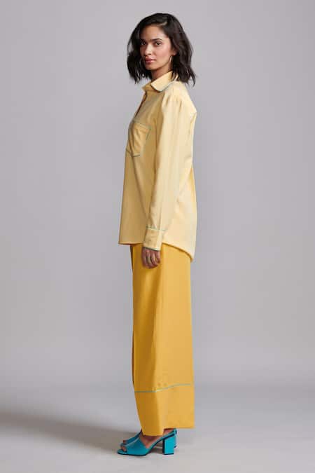 Shop_Dash And Dot_Yellow Tencel Collared Contrast Piping Shirt With Pant _Online_at_Aza_Fashions