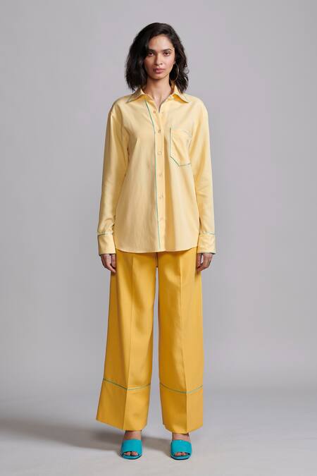 Buy_Dash And Dot_Yellow Tencel Collared Contrast Piping Shirt With Pant 