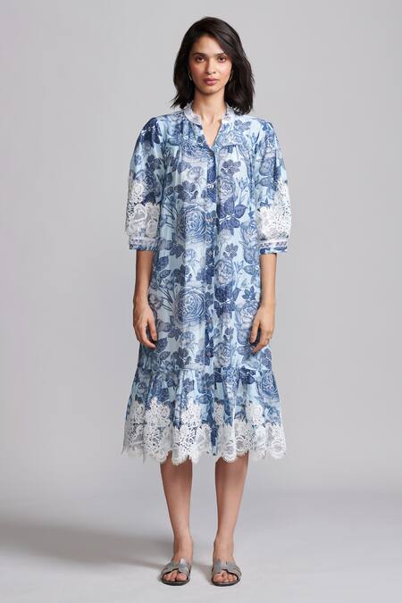 Dash And Dot_Blue Viscose, Linen Lace, Embroidery Mandarin Collar Rose Bloom Print Dress _Online_at_Aza_Fashions