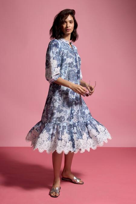 Buy_Dash And Dot_Blue Viscose, Linen Lace, Embroidery Mandarin Collar Rose Bloom Print Dress _Online_at_Aza_Fashions