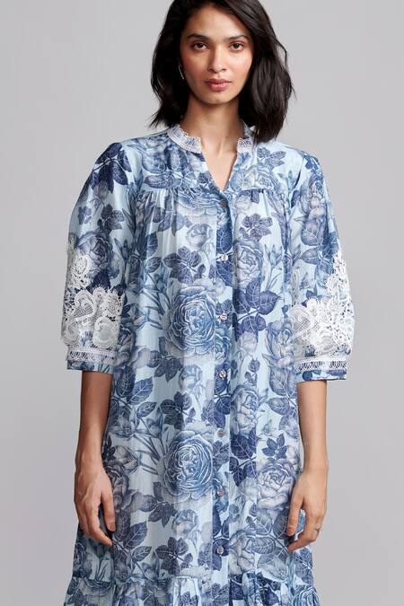 Shop_Dash And Dot_Blue Viscose, Linen Lace, Embroidery Mandarin Collar Rose Bloom Print Dress _Online_at_Aza_Fashions