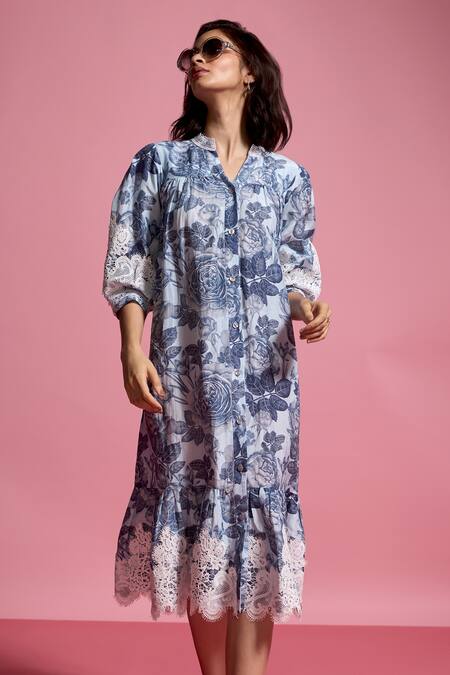 Dash And Dot_Blue Viscose, Linen Lace, Embroidery Mandarin Collar Rose Bloom Print Dress _at_Aza_Fashions