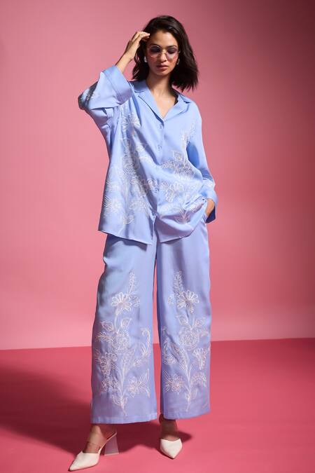 Dash And Dot_Blue Tencel Embroidery Collared Flower Bloom Shirt With Pant_Online_at_Aza_Fashions