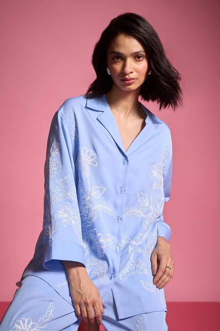 Buy_Dash And Dot_Blue Tencel Embroidery Collared Flower Bloom Shirt With Pant_Online_at_Aza_Fashions