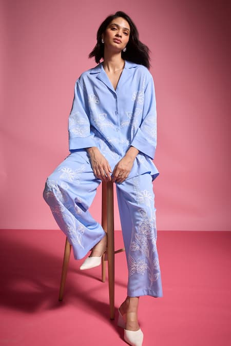 Shop_Dash And Dot_Blue Tencel Embroidery Collared Flower Bloom Shirt With Pant_Online_at_Aza_Fashions