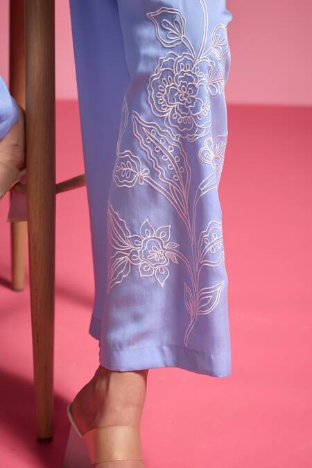 Dash And Dot_Blue Tencel Embroidery Collared Flower Bloom Shirt With Pant_at_Aza_Fashions