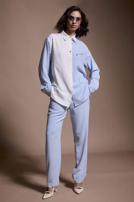 Dash And Dot_Blue Polyester Collared Two Tone Shirt With Pant _Online_at_Aza_Fashions