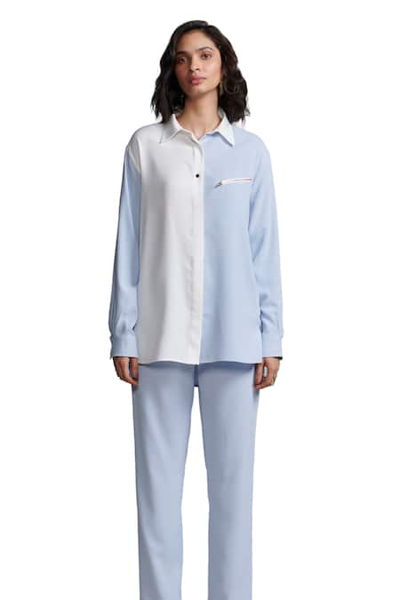 Shop_Dash And Dot_Blue Polyester Collared Two Tone Shirt With Pant _Online_at_Aza_Fashions