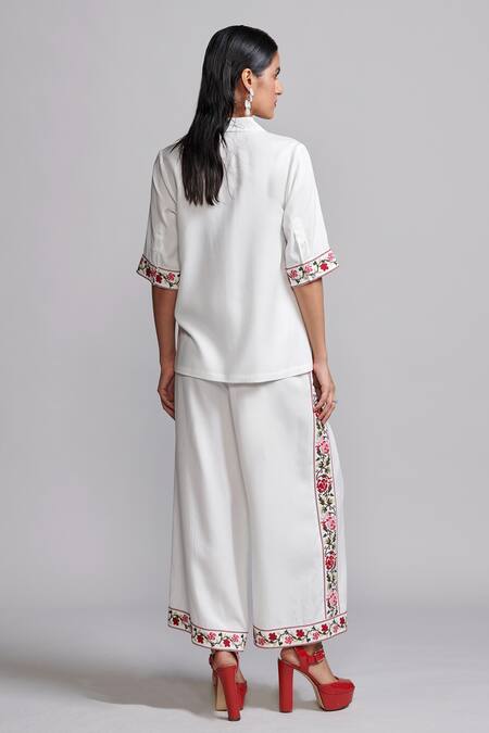 Shop Dash And Dot Ivory Tencel Embroidery Collared Floral Cross Stitch Shirt With Pant at Aza Fashions Shop_Dash And Dot_Ivory Tencel Embroidery Collared Floral Cross Stitch Shirt With Pant _at_Aza_Fashions