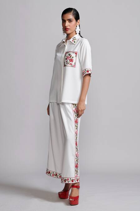 Dash And Dot Ivory Tencel Embroidery Collared Floral Cross Stitch Shirt With Pant Online at Aza Fashions Dash And Dot_Ivory Tencel Embroidery Collared Floral Cross Stitch Shirt With Pant _Online_at_Aza_Fashions
