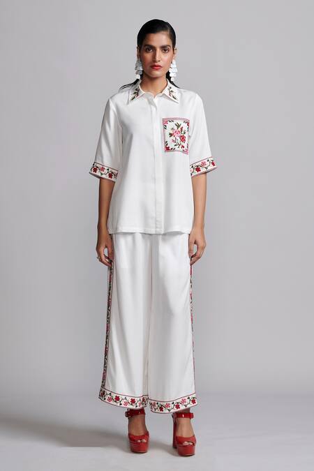 Buy Dash And Dot Ivory Tencel Embroidery Collared Floral Cross Stitch Shirt With Pant Online at Aza Fashions Buy_Dash And Dot_Ivory Tencel Embroidery Collared Floral Cross Stitch Shirt With Pant _Online_at_Aza_Fashions
