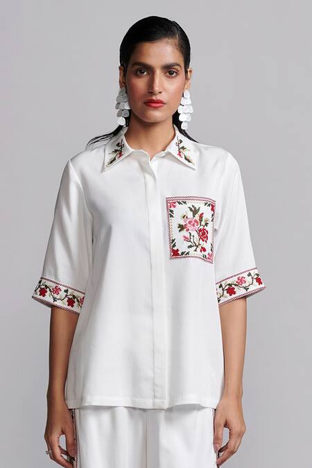 Shop Dash And Dot Ivory Tencel Embroidery Collared Floral Cross Stitch Shirt With Pant Online at Aza Fashions Shop_Dash And Dot_Ivory Tencel Embroidery Collared Floral Cross Stitch Shirt With Pant _Online_at_Aza_Fashions