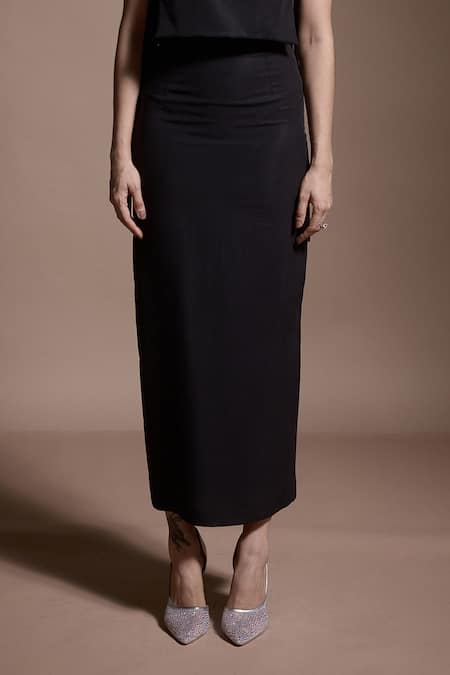 Dash And Dot_Black Tencel Round Neck Side Belted Crop Top And Skirt Set _Online_at_Aza_Fashions