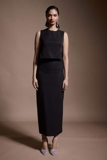 Shop_Dash And Dot_Black Tencel Round Neck Side Belted Crop Top And Skirt Set _Online_at_Aza_Fashions