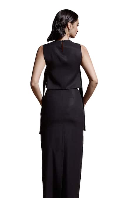 Dash And Dot_Black Tencel Round Neck Side Belted Crop Top And Skirt Set _at_Aza_Fashions