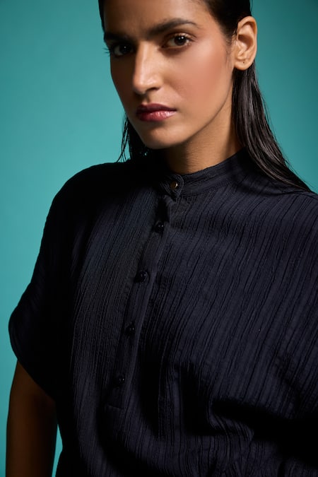 Dash And Dot Blue Polyester Bandeau Neck Textured Asymmetric Shirt With Pant Online at Aza Fashions Dash And Dot_Blue Polyester Bandeau Neck Textured Asymmetric Shirt With Pant _Online_at_Aza_Fashions