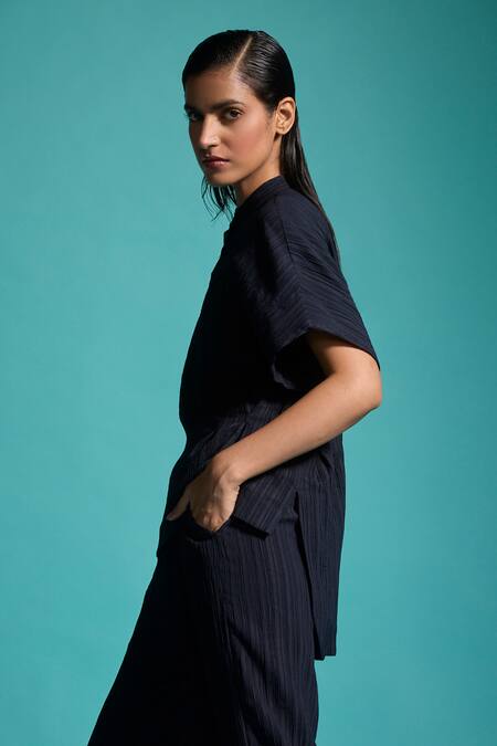 Shop Dash And Dot Blue Polyester Bandeau Neck Textured Asymmetric Shirt With Pant Online at Aza Fashions Shop_Dash And Dot_Blue Polyester Bandeau Neck Textured Asymmetric Shirt With Pant _Online_at_Aza_Fashions