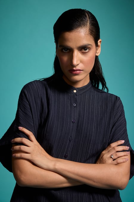 Dash And Dot Blue Polyester Bandeau Neck Textured Asymmetric Shirt With Pant at Aza Fashions Dash And Dot_Blue Polyester Bandeau Neck Textured Asymmetric Shirt With Pant _at_Aza_Fashions