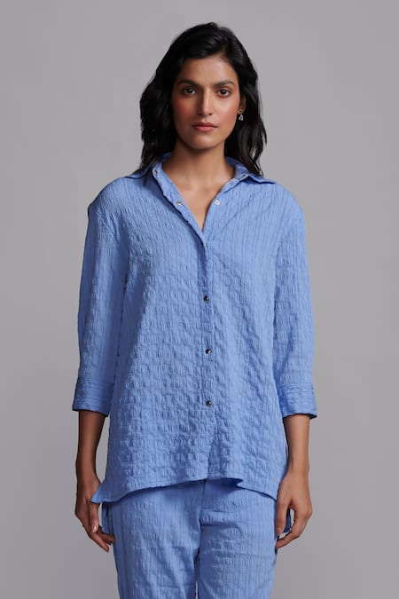 Buy_Dash And Dot_Blue Polyester Collared Crinkle Textured Shirt With Pant _Online_at_Aza_Fashions